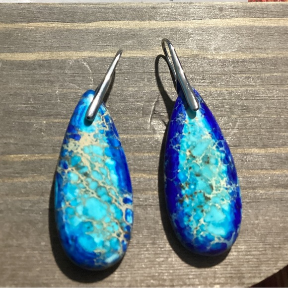 🪸Blue Sea Sediment Waterdrop Natural Stone French hook Earrings🐚 - Picture 9 of 12